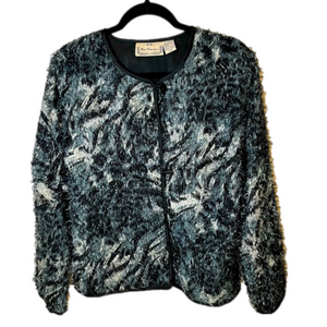 VINTAGE Faux Feather Fringe Grey & Black Blazer Jacket Long Sleeves Size Medium